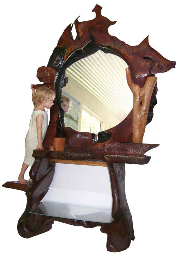 Fantastic sculpted Red Cedar natural wood mirror hall stand